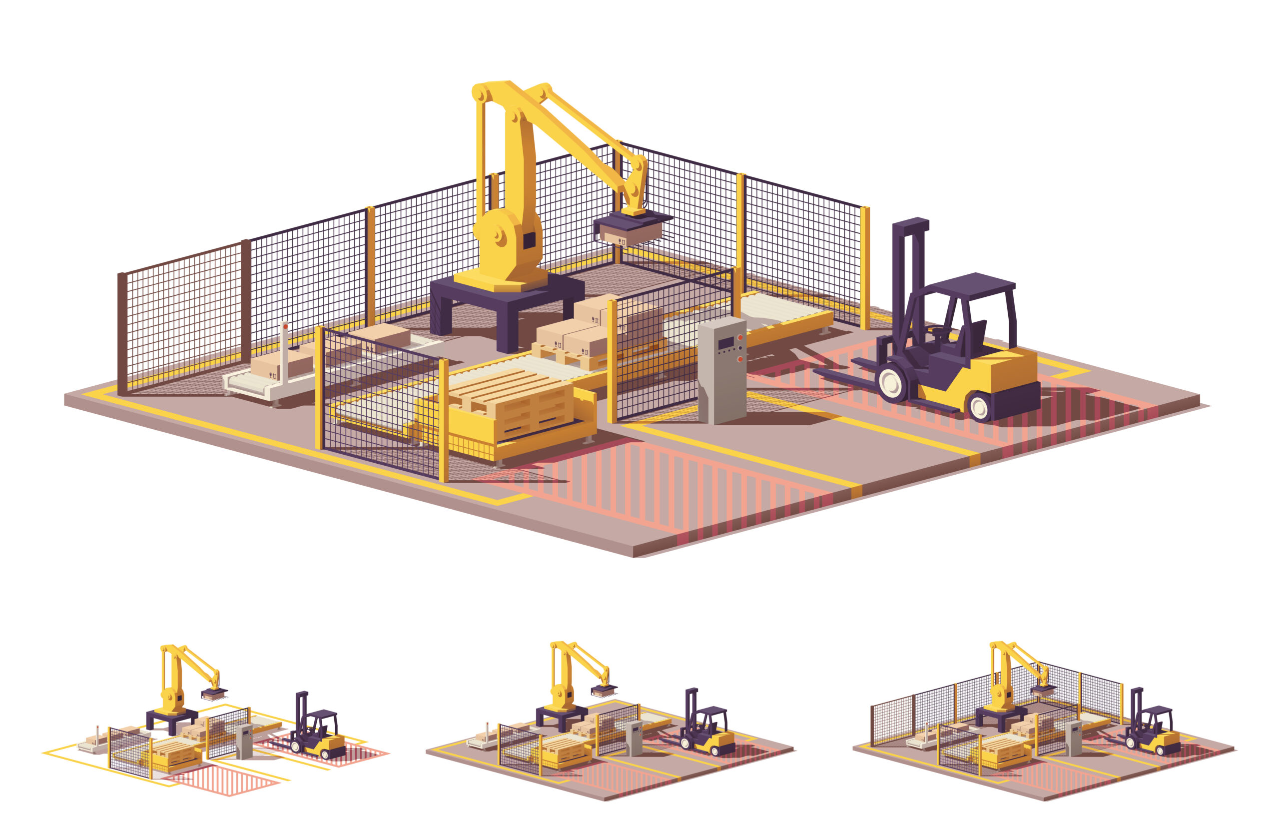 An 3D model of a robotic palletizing cell surrounded by safety fencing