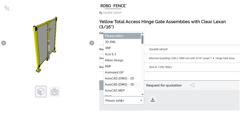 A screenshot from TraceParts, the external website where users can purchase Square Group/ROBO FENCE CAD files